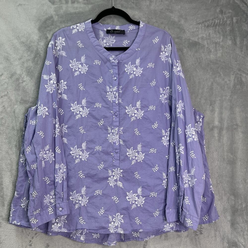 O-necue Popover Blouse‎ Embroidered Womens 5XL Purple Floral Long Sleeve Cotton